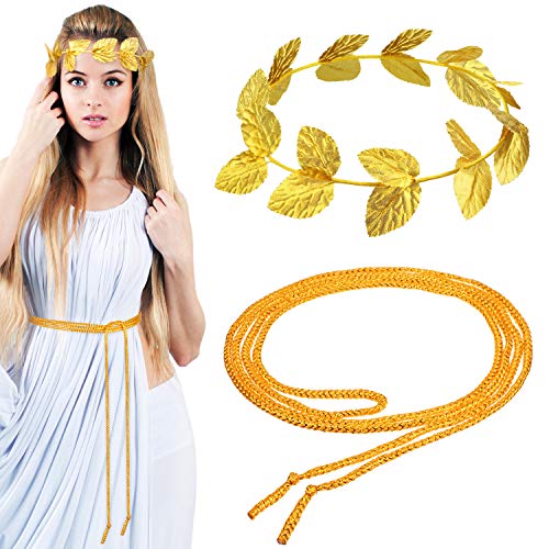 2 Pieces Roman Laurel, Roman Head Wreath Leaf Crown Headdress with 2 Pieces Roman Rope Belt, Gold