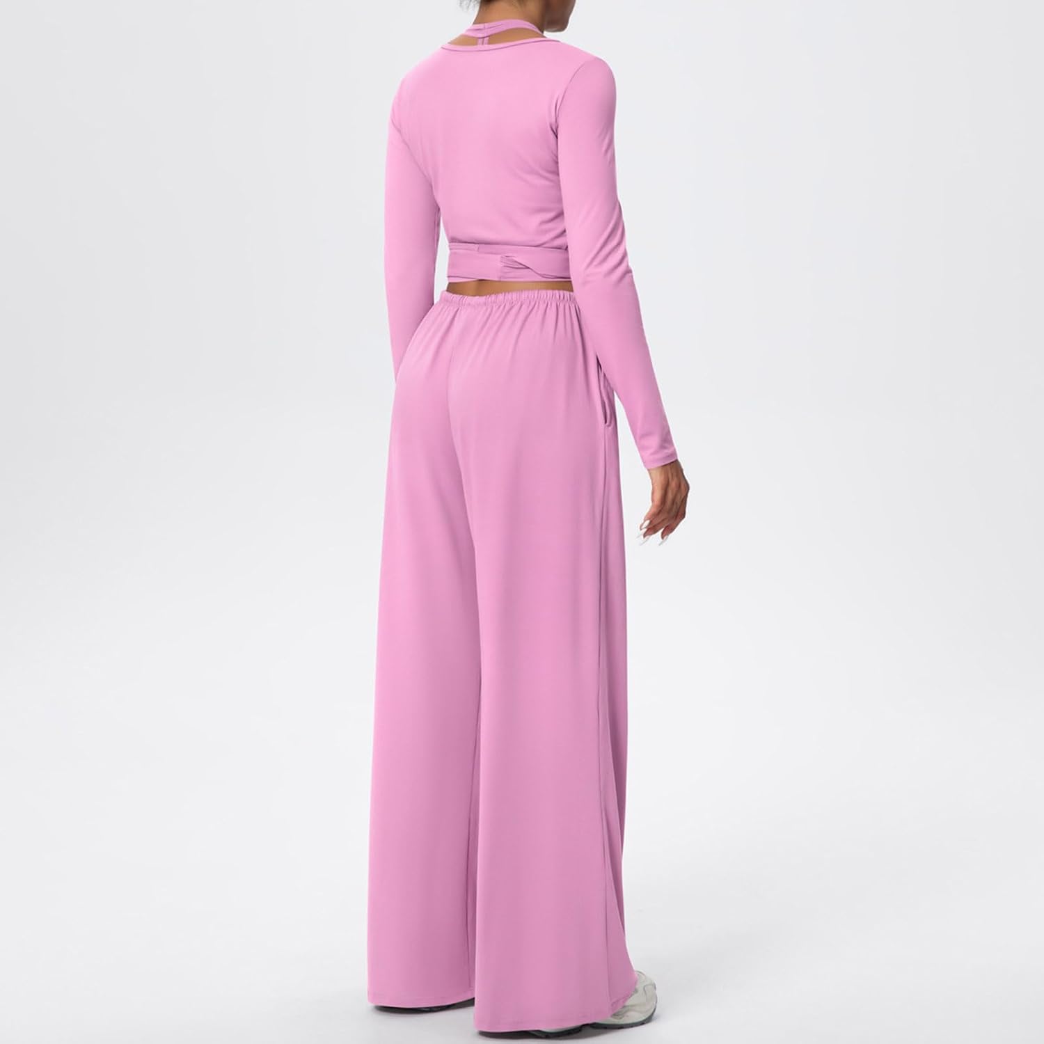 Women's 3 Piece Matching Lounge Yoga Workout Sets Long Sleeve Self Tie Crop Wrap Top Halter Camisole and Wide Leg Pants