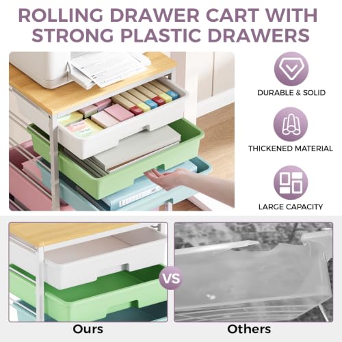 Image of SYKIARIOL 5-Tier Rolling Utility Storage Drawer Craft Cart on Wheels with Wooden Tabletop, Mobile Craft Storage Drawer Cart Trolley for Home Office, Classroom, Craft Room & Kid Room, Ice Cream