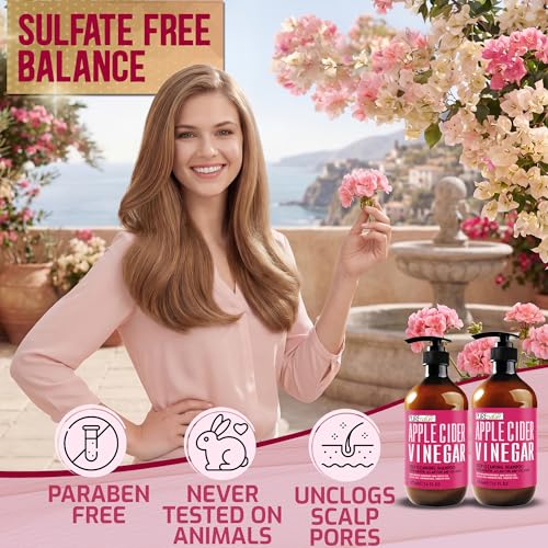 Image of Apple Cider Vinegar Shampoo and Conditioner Set - Sulfate Free, Anti Itch Formula for Flaky Scalp - Buildup Remover for Oily Hair - Frizz Control for Women and Men - 16 Fl Oz (Set of 2)