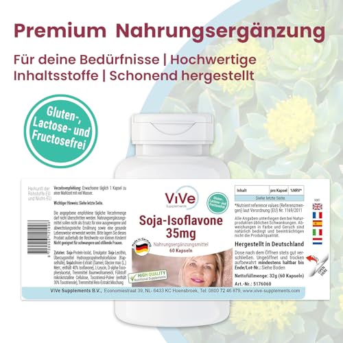 Soja-Isoflavone 35mg - 60 Kapseln - schluckfreundlich - hochdosiert und vegan - aus standardisiertem Sojabohnen-Extrakt | Qualität aus Deutschland von ViVe Supplements