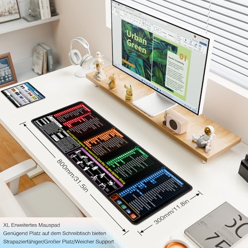 Excel Mauspad Deutsch, Mousepad Großes 800x300mm Excel-Shortcuts Schreibtischunterlage | Gaming Mousepad XL Anti-Rutsch Dest Mat für Büro&Zuhause, Windows & PPT | Verbessert Geschwindigkeit