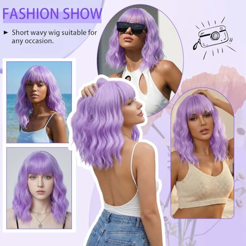 Image of Pastel Purple Wavy Bob Wig for Women, Short Shoulder Length Synthetic Wig with Bangs, Natural Looking Lightweight Hairpiece for Daily Wear & Cosplay Costume Party