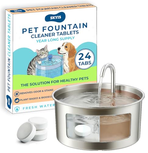 Skyis 24 Pack Pet Fountain Cleaning Tablets, Removes Stains & Mineral Residue from Pet Fountains, Helps Maintain Water Flow & Pet Fountain Pump, Easy Drop-In Formula