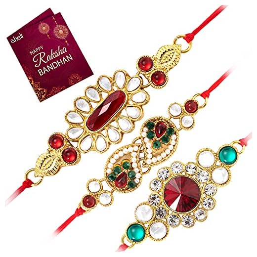 Aheli Indisk traditionell handgjord elegant Kundan & kristall rakhi för bror män pojkar kombo set med 3 med Raksha Bandhan gratulationskort, TYg, inte känd
