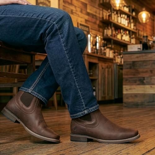 Image of Chelsea Cowboy Boots for Men Western Square Toe Leather Dress Casual Work Ankle Boots Brown
