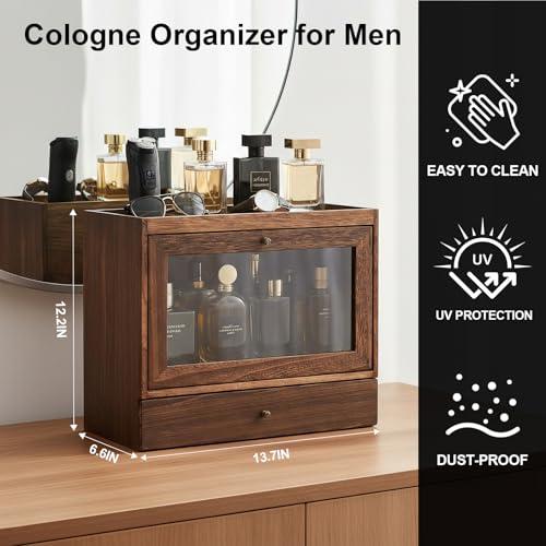 Image of Cologne Organizer for Men,Perfume Stand Holder,Cologne Shelf, Solid Wood Cologne Stand with Drawer Storage and Clear Window,Organizador de Perfumes,Perfume Stand Organizer,Brown