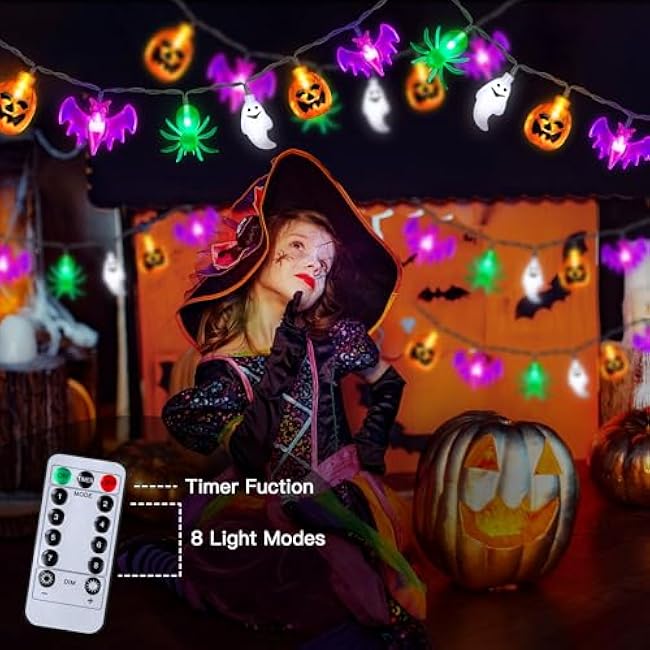 20FT 40LED Halloween Lights Outdoor Indoor Pumpkin Bat Spider Ghost Halloween String Lights Battery Operated, 8 Light Modes Waterproof Fairy Lights Decorations for Home Yard Window Party Outside Decor