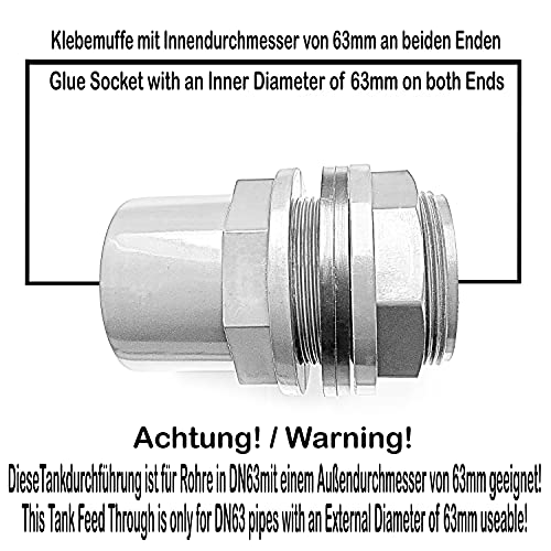 VMC Tankdurchlass PVC 63mm 75x63x2 1/2 mit 2 Klebemuffen 63mm Innendurchmesser 75mm Außendurchmesser mit 2 Dichtungen und Feststellmutter
