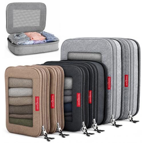 LeanTravel Premium Compression Packing Cubes for Travel - Suitcase Organizer Bags with Double Zipper & Breathable Mesh Panel - Space Saving Carry On Luggage Essentials (6-Pack, Grey, Black, Brown)