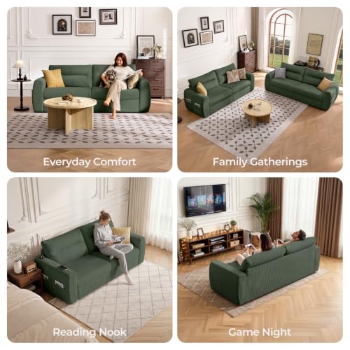 Image of 88.6 inch Modern Storage Loveseat Sofa, Small Couches for Living Room, Green | Corduroy, USB Charging, Pull-Out Storage, Deep Seat, Comfy Love Seat for Small Spaces, Apartment, Bedroom, Dorm, Office