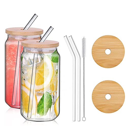 Image of Hniuyun 480ml Can Shaped Glass Cups Set, Drinking Glasses with Bamboo Lids and Glass Straw, Beer Glasses, Iced Coffee Glasses, Clear Cute Tumbler Cup, Ideal for Cocktail, Coke, Soda(2pcs)