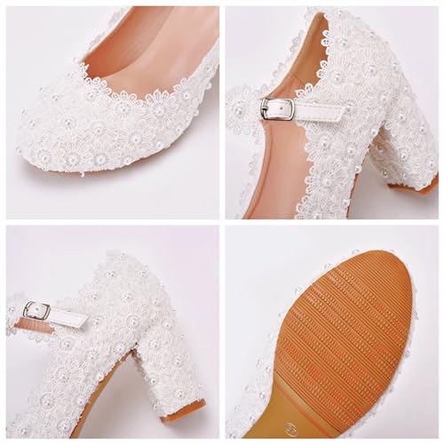 White Bridal Wedding Shoes Closed Toe Dress Pumps 2.75 Inch Chunky Heels Round Toe with Lace Flower Crystal Pearl Stitching Wedding Shoes4