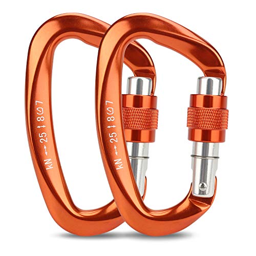welltop Climbing Carabiners, 2pcs Aluminum Locking Carabiner Clip D-Shaped 25KN Heavy Duty Carabiner Hook with Screwgate for Climbing, Rappelling, Hammocks, Dog Leash, Water Bottle (Orange)
