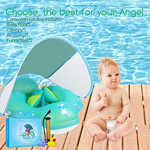 Relaxing Baby Swimming Float Ring with Removable Sun Protection Canopy, Anti-Slip Crotch, Add Tail Chamber Never Flip Over Baby Floats for Pool Accessory Air Pump and 2 Pool Toys for Toddler 3 M-6 Yrs