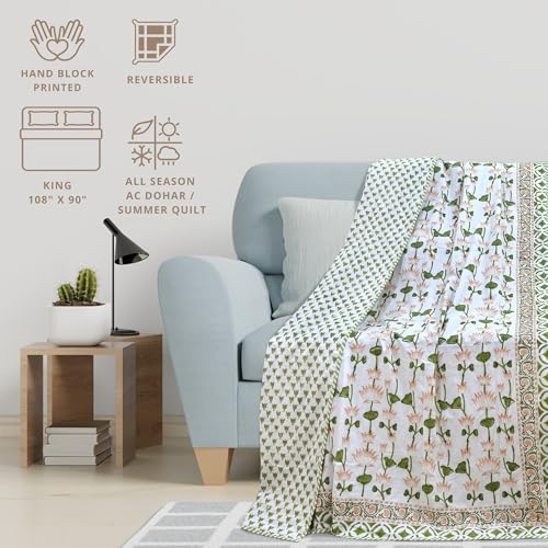 Image of TOAIArt Premium Jaipuri Dohar | AC Blanket Summer Quilt | Hand Block Printed | 3 Layers | Reversible | 150GSM 100% Mulmul Cotton | 100% Cotton Flannel Filling | King 108 inch X 90 inch | Lotus Vines