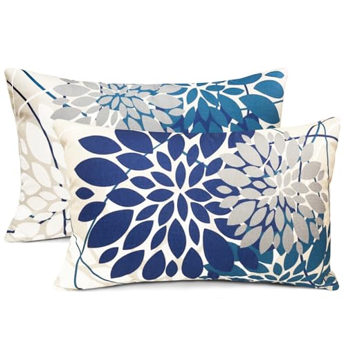 RYSMIYOU Decorative Throw Pillow Covers Set of 2 Blue Pillow Covers 12x20 inch Linen Square Pillow Cases,Farmhouse Modern Geometric Floral Outdoor Pillow Cover for Couch Sofa Living Room Bedroom