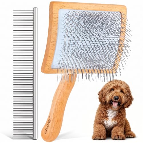 Image of Wooden Long Pin Slicker Brush for Dogs, Doodles, Poodles, Long Hair | Grooming, Detangling, and Fluffing for Wavy and Curly Hair-Designed for Heavy, Thick Coats to Prevent Matting at Home