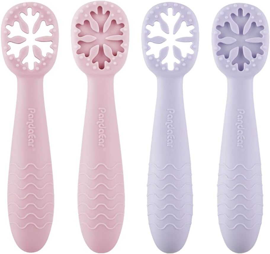 PandaEar Baby Spoons Set with Snowflake Design (4 Pack) | First Step Silicone Utensils | BPA Free | for Kids & Toddlers 6+ Months (Pink/Lilac)