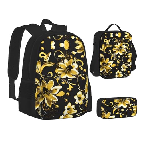 nanger Black And Gold Flowers Print 3-Piece Set Backpack, Lunch Bag And Pencil Case, For Travel, College, And Daily Use2