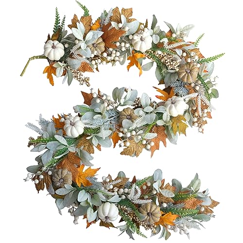 Image of Thanksgiving Fall Wreath, Eucalyptus Berries Pumpkins Lamb Ears Leaves Autumn Wreaths for Front Door, Fall Decor, Porch Wall, Home Outdoor Holiday Decorations (Pumpkin Garland)