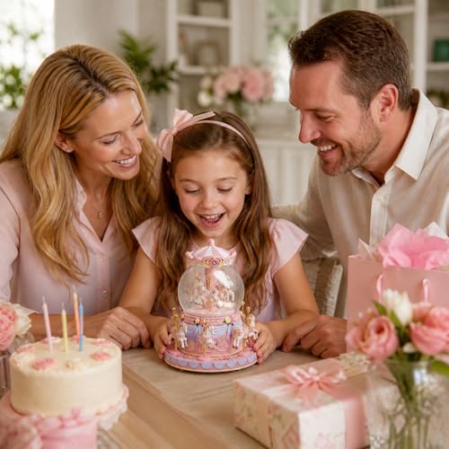 Image of Pink Carousel Snow Globe Music Box with LED Lights, Rotating Horse Merry Go Round, Wind Up Musical Snow Globe Plays Castle in the Sky, Gift for Daughter Granddaughter Women