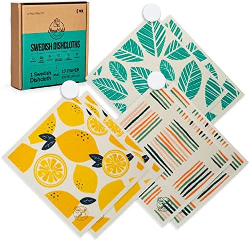 Harps&Seb Reusable Swedish Dishcloths for Kitchen – Super Absorbent Washable Swedish Dish Towels with Convenient Hanging Clips – Odorless Non Scratch Cellulose & Cotton Dish Cloth Set – 6 Pack