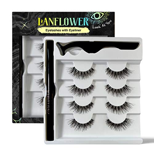 Lanflower Natural Eyelashes with Eyeliner, Waterproof and Smudge-proof Liquid Eyeliner Kit , Glue Free No Magnetic Eyelashes 4 Pairs
