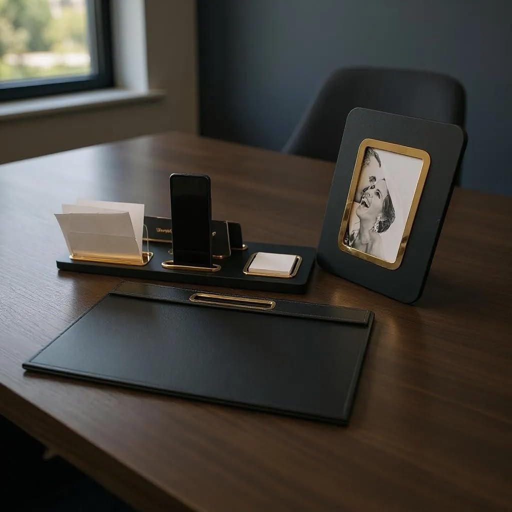 Oggettando Set Scrivania in eco pelle PU Nera, 5in1 Organizer con Supp. smartphone, Porta lettere, Porta bigliett, Portacarte ades, Cavaliere person, Sottomano, Portafoto Ufficio, Casa (ACRILICO ORO)
