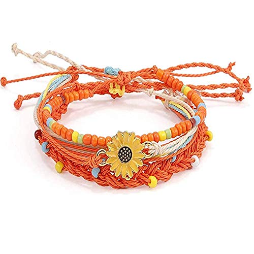 4PCS Handmade Braided Bracelet, Waterproof Beach Bracelets Adjustable Bands Wave Charm Bracelet Set Wax Coated String Bracelets Girls Friendship Bracelets Weave Rope Boho Bracelet for Gifts, Orange
