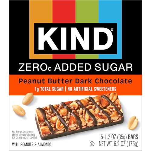 Image of Kind Zero Added Sugar Healthy Snacks Bars, Peanut Butter Dark Chocolate, Gluten Free, High Fiber, Keto Snacks, 5g Protein, 30 Count | A pre-workout boost with 0g added sugar, 5g protein and 4g net carbs. These crunchy, keto-friendly nut bars are gluten free.