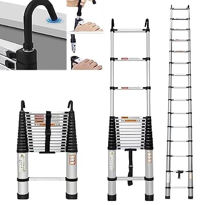 Telescoping Ladder, Aluminum Folding Ladder with 2 Detachable Hooks, Lightweight Portable Extension Ladder EN131 Sturdy Ladder with Non-Slip Feet,Attic Ladder for Home 330lbs Max Capacity 16.4FT 5M