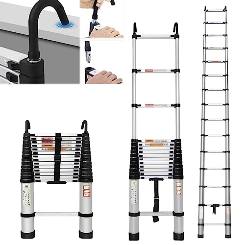 6.2M/20FT Aluminum Telescoping Ladders With Hooks Multi-Purpose Heavy Duty Extension Ladder Non-Slip Telescope Portable Roof Ladder for RV or Home Outdoor EN131 Standards 330lb/150kg Max Load