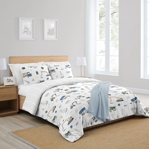 Image of Sweet Jojo Designs Construction Truck Boy Full /Queen Bedding Set Kids Comforter Childrens Size - 3 Pieces - Grey Yellow Black Blue and Green Transportation Chevron Arrow