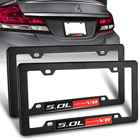 2 x Black ABS License Plate Frame Cover Front & Rear W/ 5.0L Coyote V8 Emblem, Universal License Certificate Lid Pair Set