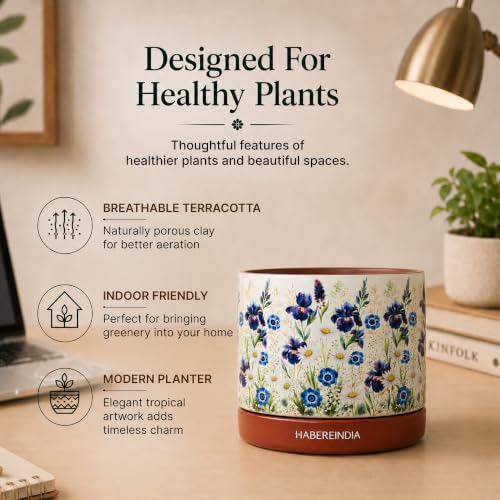 Image of Habere India-All the Cultures Fabricating India Floral Print Terracotta Planter with Under Plate | Indoor Plant Pot with Drainage | Decorative Planter for Home (Floral: L11 x W11 x H10 cm)