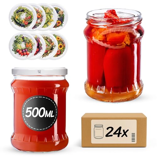 KADAX Tarros de conserva, 500 ml, con tapa de rosca fi82 mm, tarros para conservas de frutas, verduras, miel y conservas, tarros de rosca (huerto, 24 unidades)