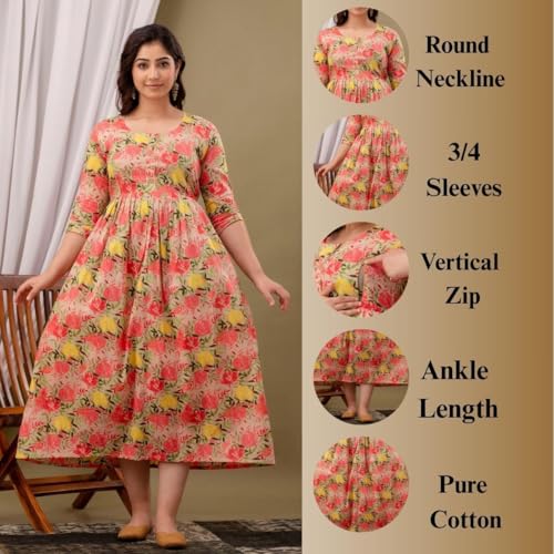 Image of The Moon Star Women's Cotton Floral Printed Anarkali Maternity Feeding Kurti | Breastfeeding Dress for Mothers | Zipper Feeding Kurti, Nursing Kurti, Comfortable and Trendy Maternity Wear