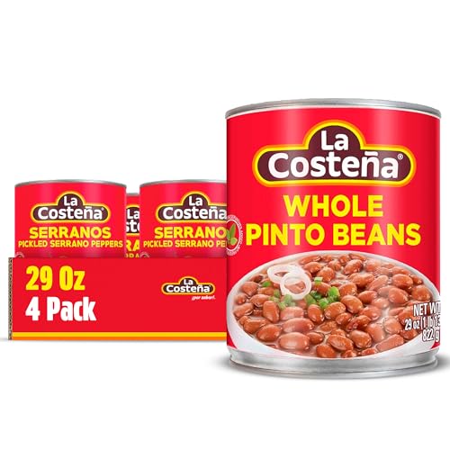 La Costeña Whole Pinto Beans - Ready-to-Eat Canned Pinto Beans for Mexican Food, Vegetarian Chili Ingredients, Bean Dip, Bean Burger, Burrito & Vegan Protein Salad - 29oz, 4 Pack Canned Food