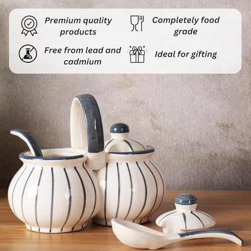 Image of Niyara Multipurpose Storage Ceramic Pickle set Jars & with Lid & tray (Set of 2, 300 ML) (Grey line design)