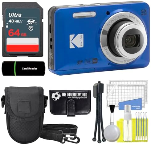 Kodak PIXPRO FZ55 Blue 16MP Digital Camera 5X Optical Zoom 28mm Wide Angle 1080P Full HD Video 2.7" LCD Camera + 64GB Card and Reader + Case + Memory Wallet + Tripod + Cleaning Bundle
