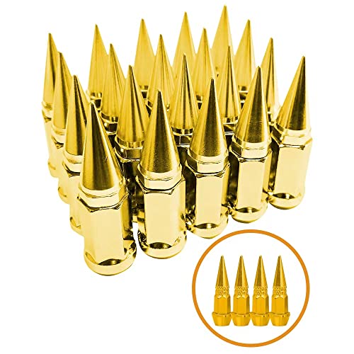 Image of 1 /2 inch-20 Wheel Spike Lug Nuts, Set of 20 Gold Lug Nut 1 /2-20, Cone /Conical Bulge Seat,Closed End Nuts Extended Spike Tuner Wheel Rim Lug Nuts Tire Screw Refit with 4pcs Aluminum Tires Cover Caps