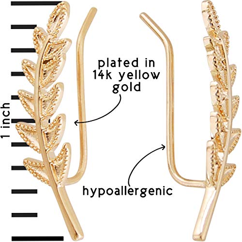 14K Gold Plated or Silver Tone Ear Crawler Earrings for Women - Delicate Leaf Ear Climbers, Hypoallergenic Ear Cuff Studs, Safe for Sensitive Ears3