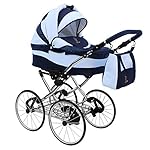 SKYLINE Klassisch Retro Stil Kombi-Kinderwagen Buggy 3in1 Reise System Autositz (Isofix) (Marine/17"Hartgummi Bereifung)