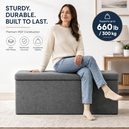 Image of ALASDO 43 Inch Folding Storage Ottoman Bench with Hidden Storage, PU Leather Ottoman Foot Rest Stool, End of Bed Bench for Bedroom, Living Room, Entryway and Closet, Grey