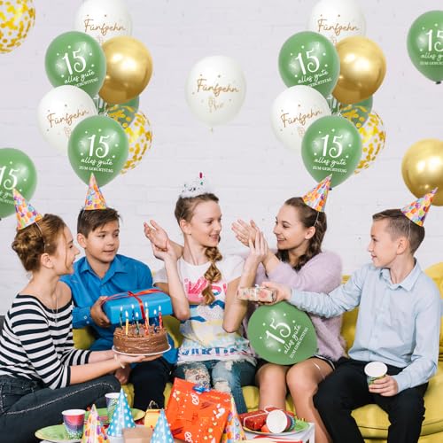 Luftballons 15 Jahre Geburtstag, 30 Stück Deko 15. Geburtstage Junge Mädchen, 15 Alles Gute zum Geburtstag Ballons, Salbeigrüne Gold 15. Geburtstagsdeko, 15th Birthday Konfetti Ballon Party