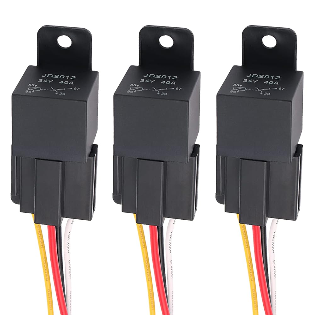 Cotonlake 24V 40A 4Pin SPDT Car Relay with Harness Sockets Color-Labeled Wires for Automotive Truck Van Motorcycle Boat， Replaces Type: JD-2912(3pcs)