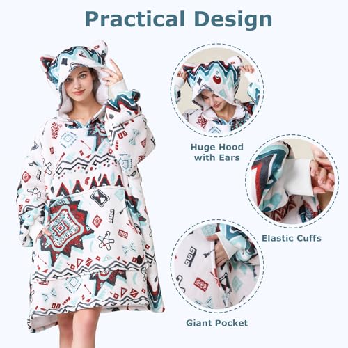 THREE POODLE Wearable Blanket Hoodie for Women, Oversized Sherpa Sweatshirt Blanket for Adults Men, Cozy Bohemia Hooded Blankets, Gifts for Teen Girls Women Mom Sister