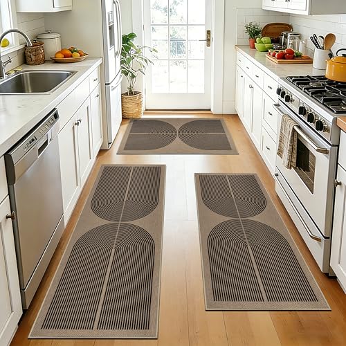 Capslpad Kitchen Rugs Sets of 3 Non Slip Jute Look Kitchen Mat Set Washable Boho Kitchen Rugs and Mats Black Kitchen Runner Rug Floor Carpet for Laundry Hallway (50x80cm+50x120cm+50x150cm)