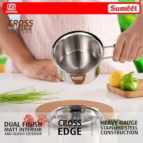 Image of Sumeet ISI Certified HeavyPly Premium Stainless Steel Small Size Cross Edge Induction & Gas Stove Friendly Saucepan /Milk Pan /Tea Maker with Lid - 600ml